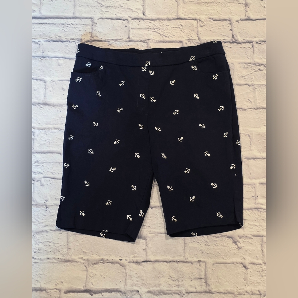 Alfred Dunner Dark Blue Embroidered Anchor Pattern Women Shorts